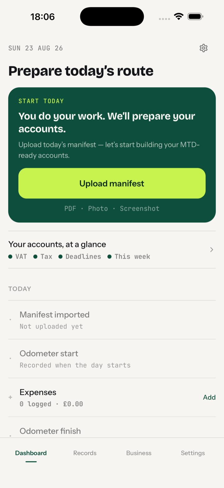 Owner Driver Dashboard: prepare today's route, upload manifest, accounts at a glance