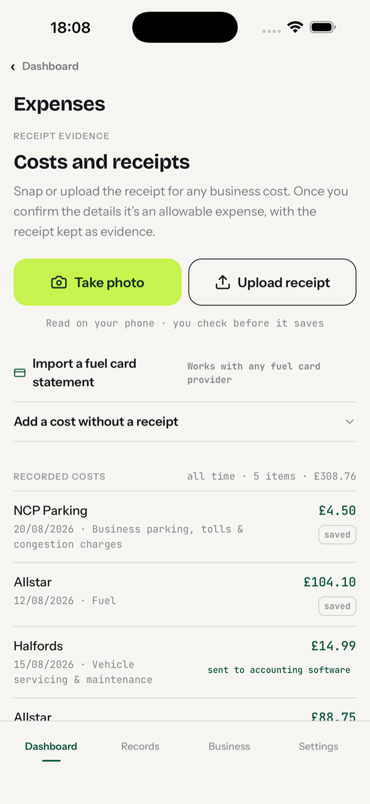 Costs and receipts: import a fuel card statement, with recorded Allstar fuel costs and a parking receipt