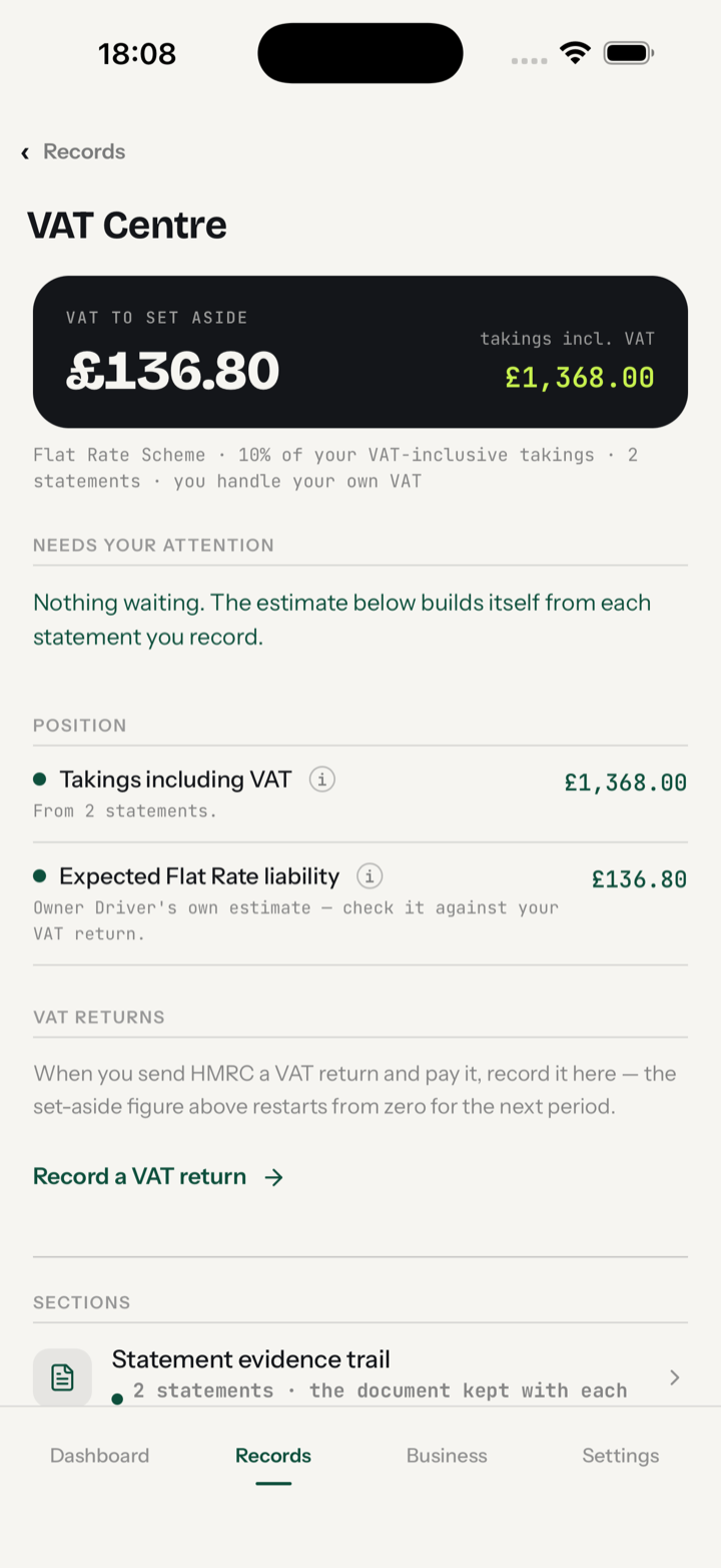 VAT Centre: the amount to set aside, built from your own statements