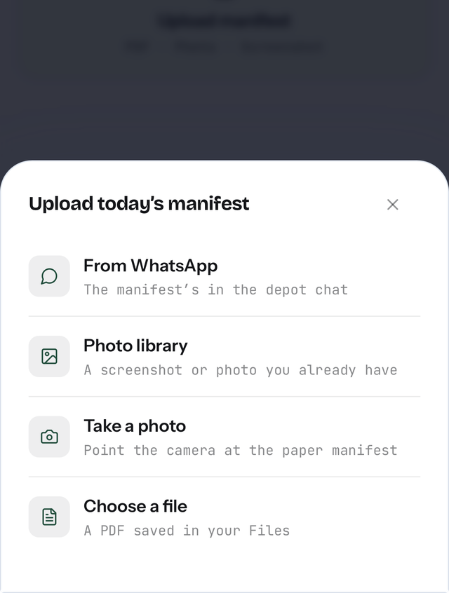 A manifest screenshot from a depot WhatsApp chat being read into Owner Driver